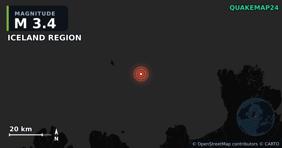 M3.4 earthquake near ICELAND REGION on May 15, 2025 — map of epicenter and shaking intensity | QuakeMap24