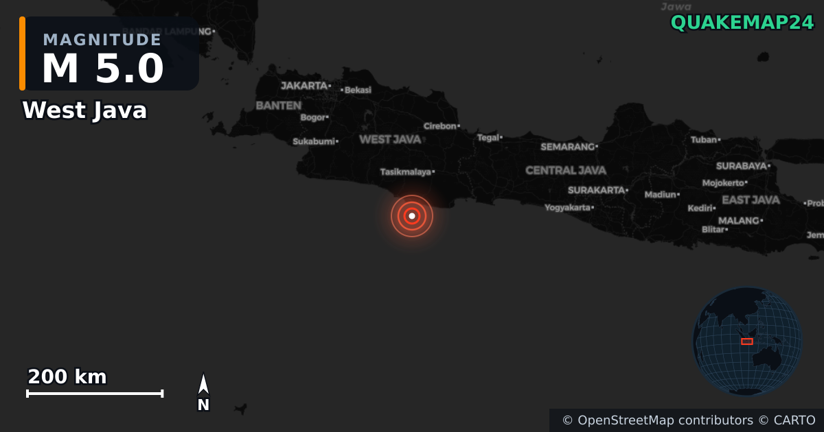 M5.0 earthquake near West Java on Aug 5, 2026 — map of epicenter and shaking intensity | QuakeMap24