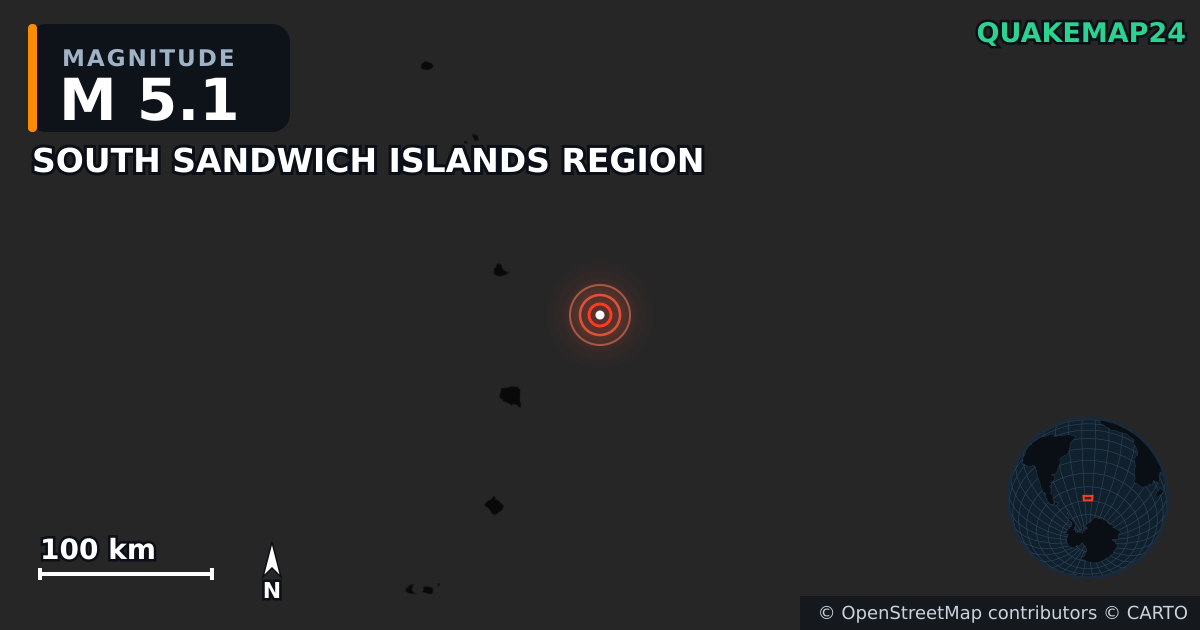 M5.1 earthquake near SOUTH SANDWICH ISLANDS REGION on Sep 24, 2025 — map of epicenter and shaking intensity | QuakeMap24