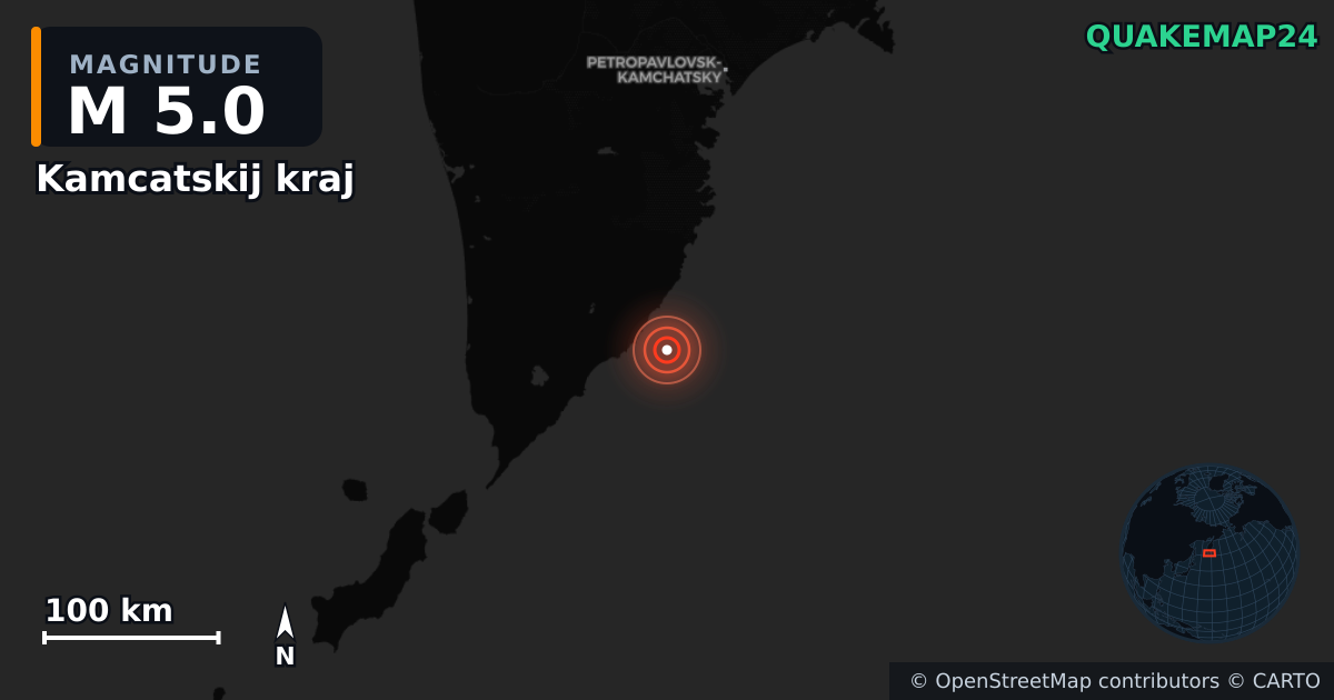 M5.0 earthquake near Kamcatskij kraj on Sep 6, 2025 — map of epicenter and shaking intensity | QuakeMap24