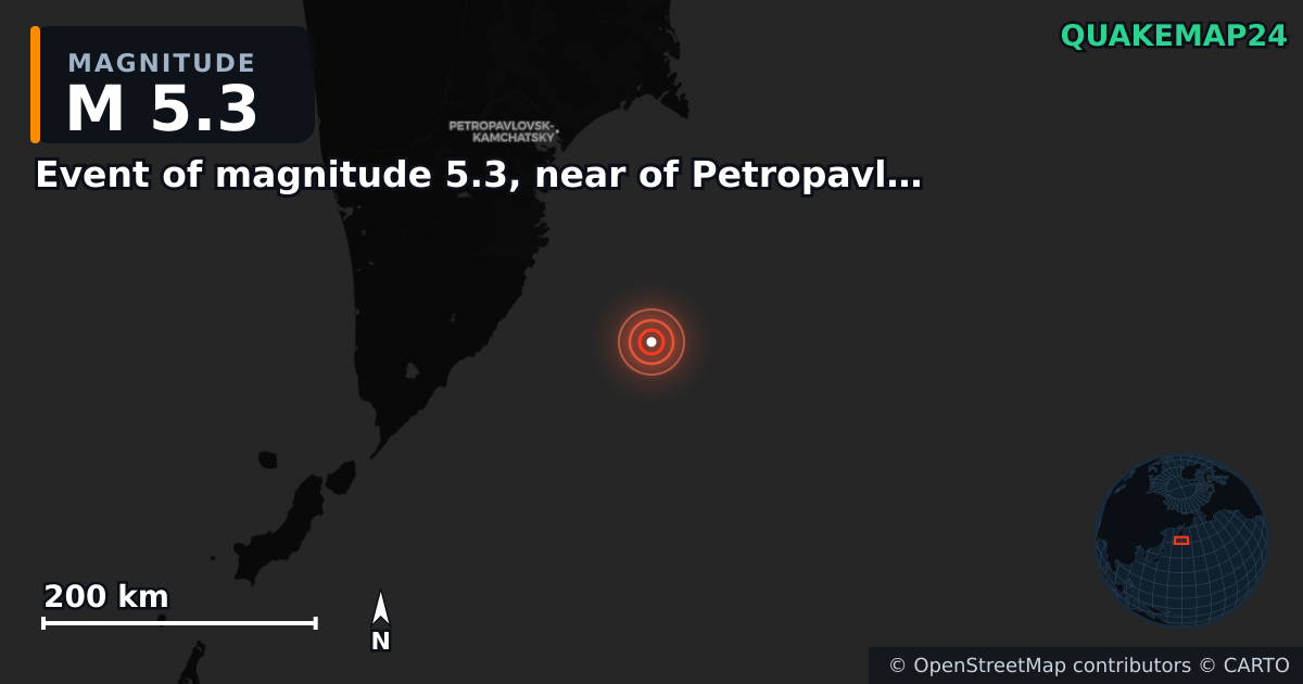 Erdbeben M5,3 bei Event of magnitude 5.3, near of Petropavlovsk Kamchatskiy (Monde) — Karte der Lage des Epizentrums