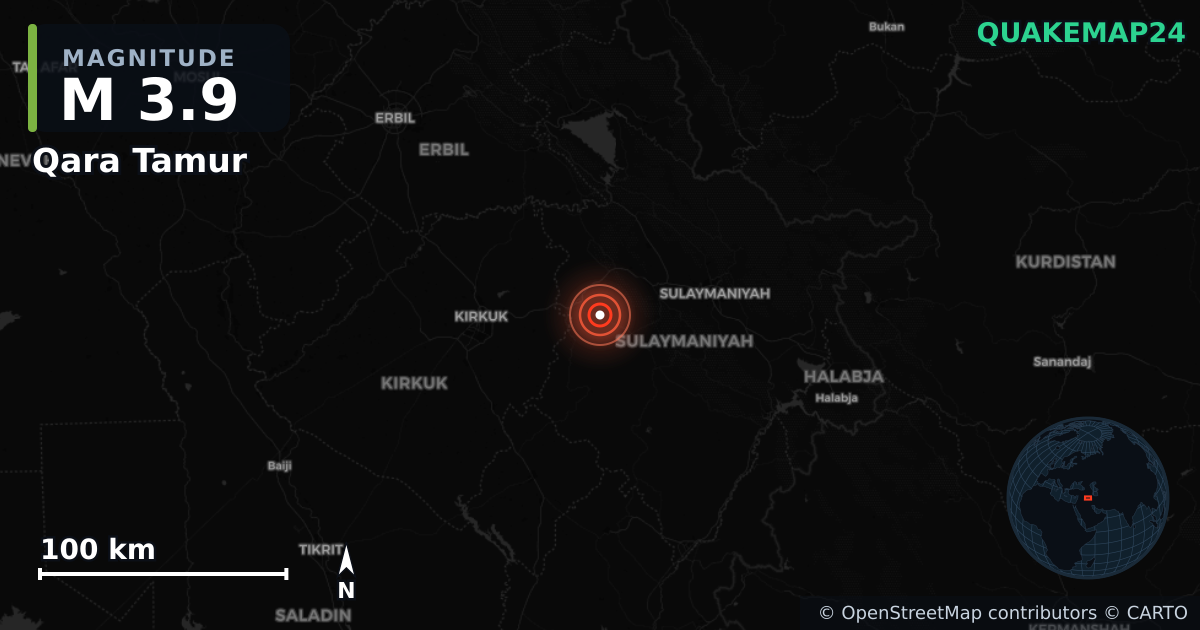 M3.9 earthquake near Qara Tamur on Aug 13, 2026 — map of epicenter and shaking intensity | QuakeMap24