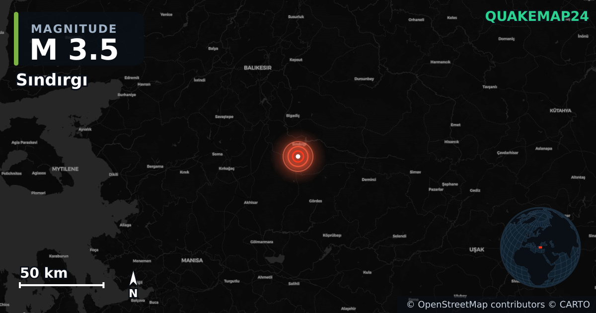 M3.5 earthquake near Sındırgı on Aug 24, 2025 — map of epicenter and shaking intensity | QuakeMap24