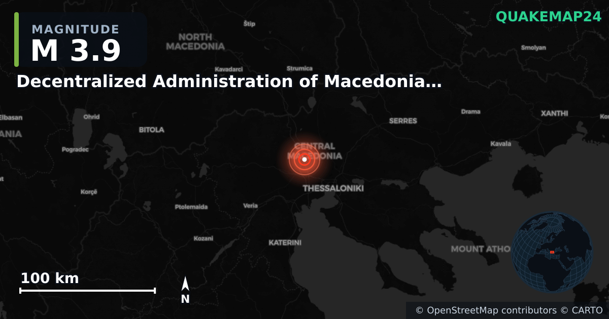 M3.9 earthquake near Decentralized Administration of Macedonia and Thrace on Apr 23, 2025 — map of epicenter and shaking intensity | QuakeMap24