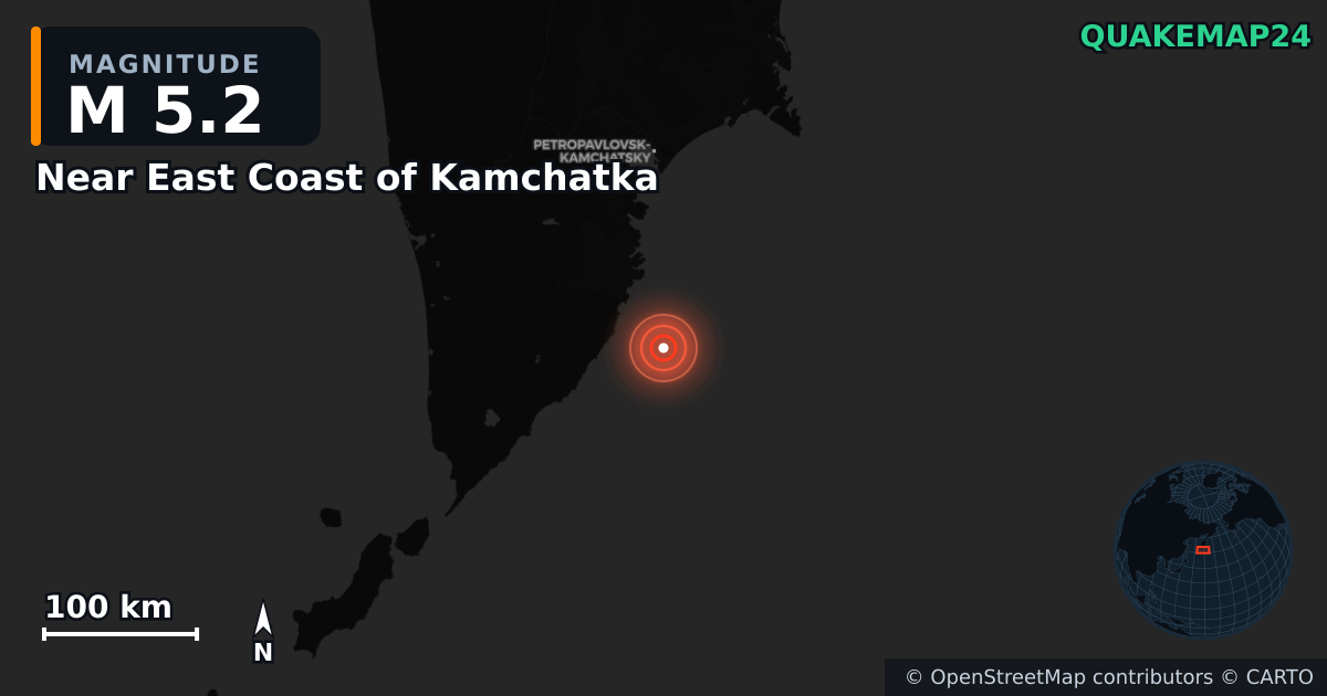 M5.2 earthquake near Near East Coast of Kamchatka on Jul 31, 2025 — map of epicenter and shaking intensity | QuakeMap24