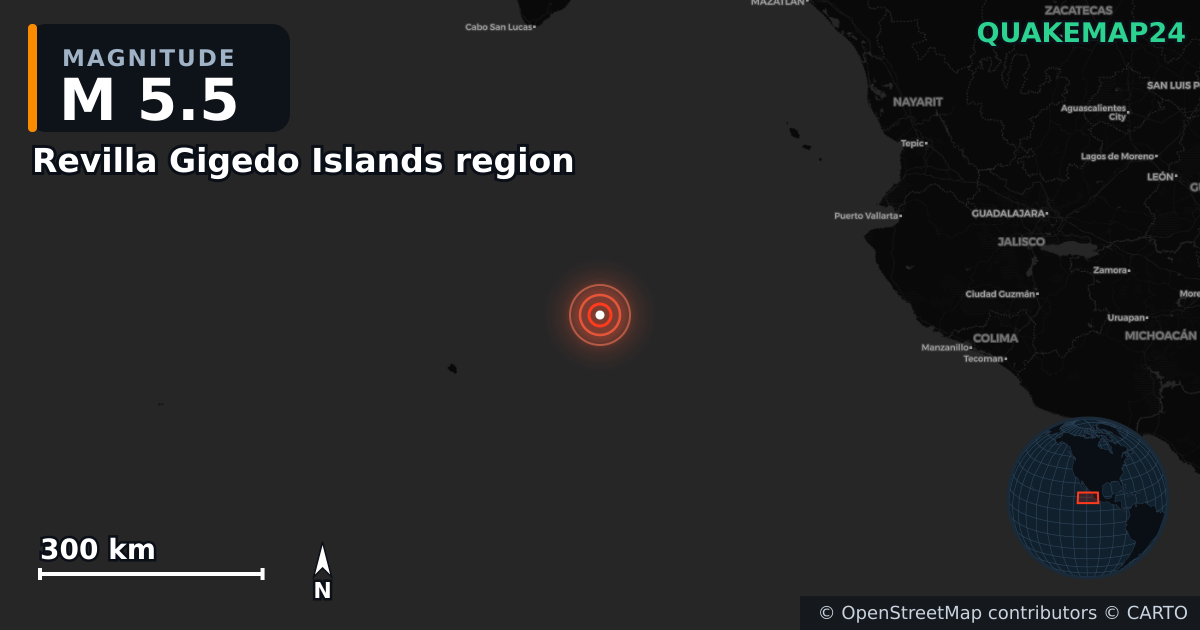 Sismo de M5,5 perto de Revilla Gigedo Islands region · 2025-03-17 — Mapa da localização do epicentro