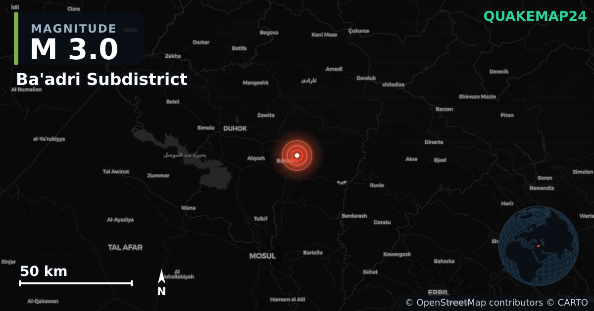 Erdbeben M3,0 bei Ba'adri Subdistrict, Nineveh Governorate (Irak) · 2026-09-15 — Karte der Lage des Epizentrums