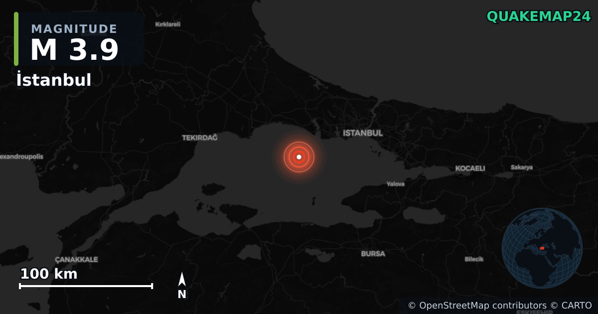 M3.9 earthquake near İstanbul on May 13, 2025 — map of epicenter and shaking intensity | QuakeMap24