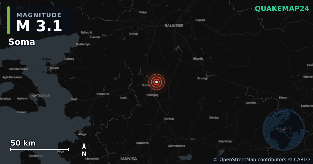 Terremoto de M3,1 cerca de Soma (Turquía) · 2025-12-21 — Mapa de la ubicación del epicentro