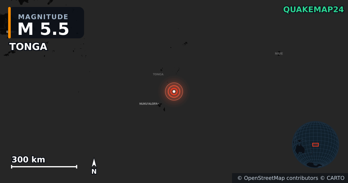 Erdbeben M5,5 bei TONGA — Karte der Lage des Epizentrums