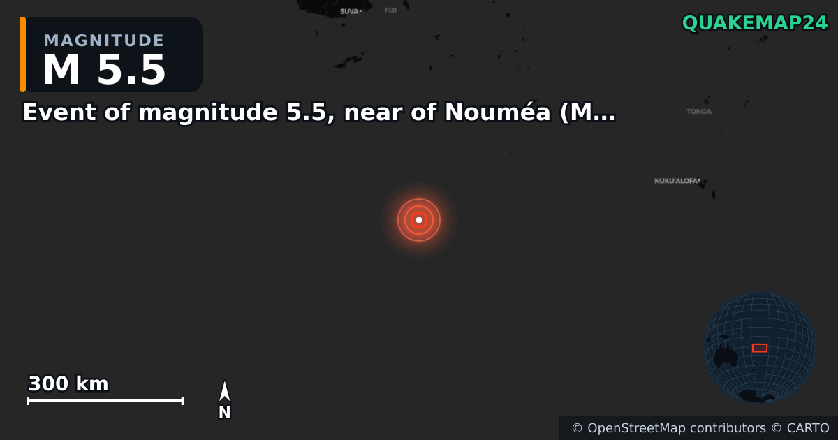 M5.5 earthquake near Event of magnitude 5.5, near of Nouméa (Monde) on Feb 22, 2026 — map of epicenter and shaking intensity | QuakeMap24