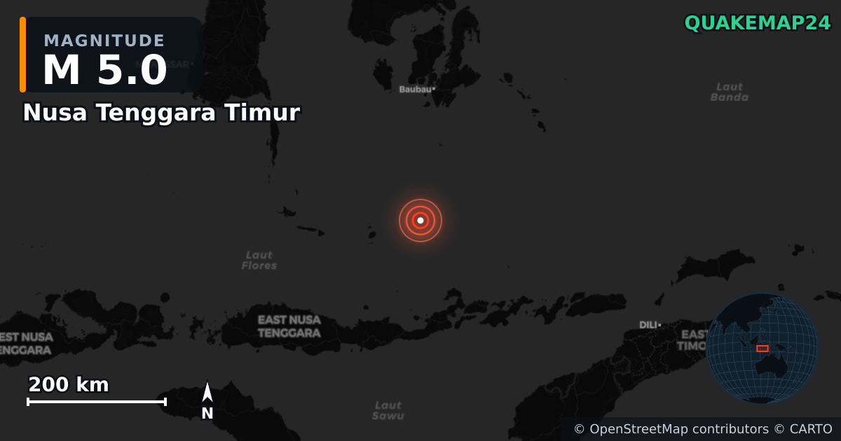 M5.0 earthquake near Nusa Tenggara Timur on Oct 20, 2025 — map of epicenter and shaking intensity | QuakeMap24