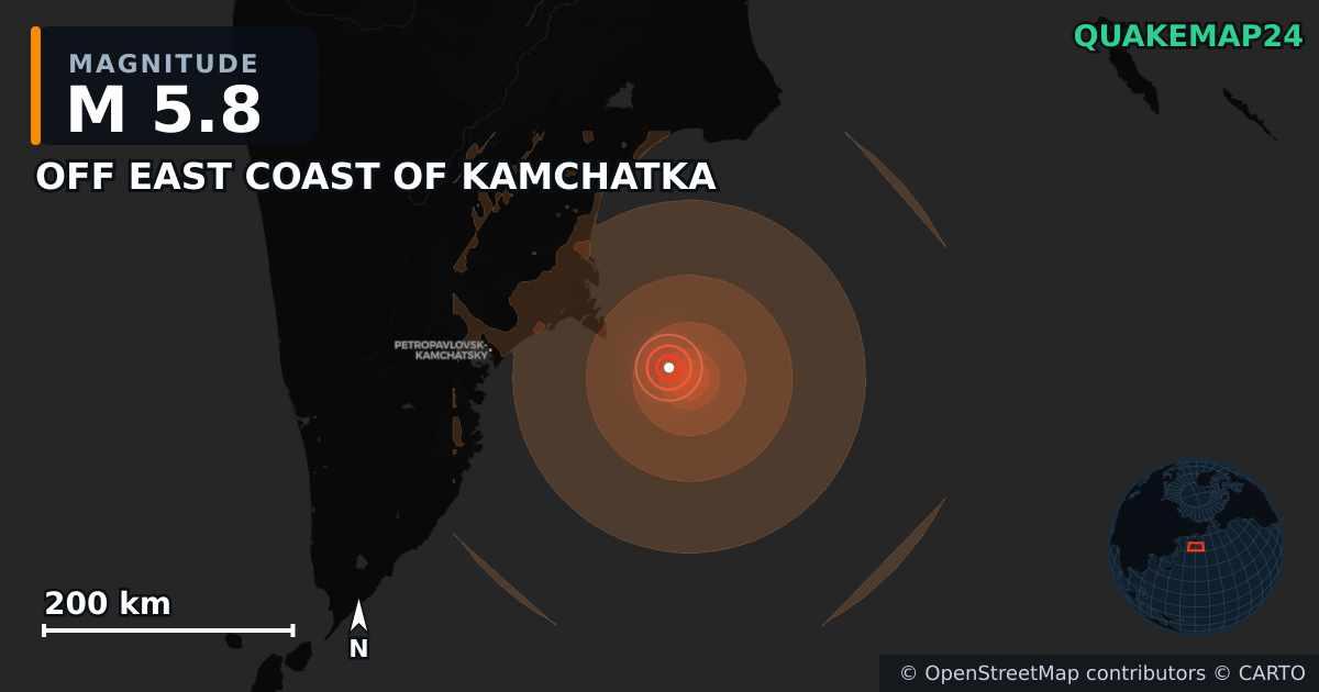 M5.8 earthquake near OFF EAST COAST OF KAMCHATKA on Jun 19, 2026 — map of epicenter and shaking intensity | QuakeMap24