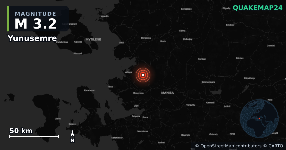 M3.2 earthquake near Yunusemre on Feb 2, 2026 — map of epicenter and shaking intensity | QuakeMap24