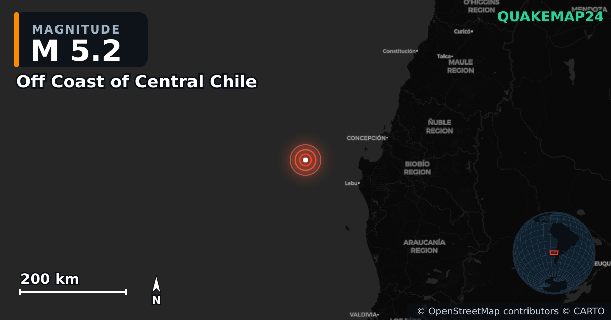 Sismo de M5,2 perto de Off Coast of Central Chile · 2025-02-11 — Mapa da localização do epicentro
