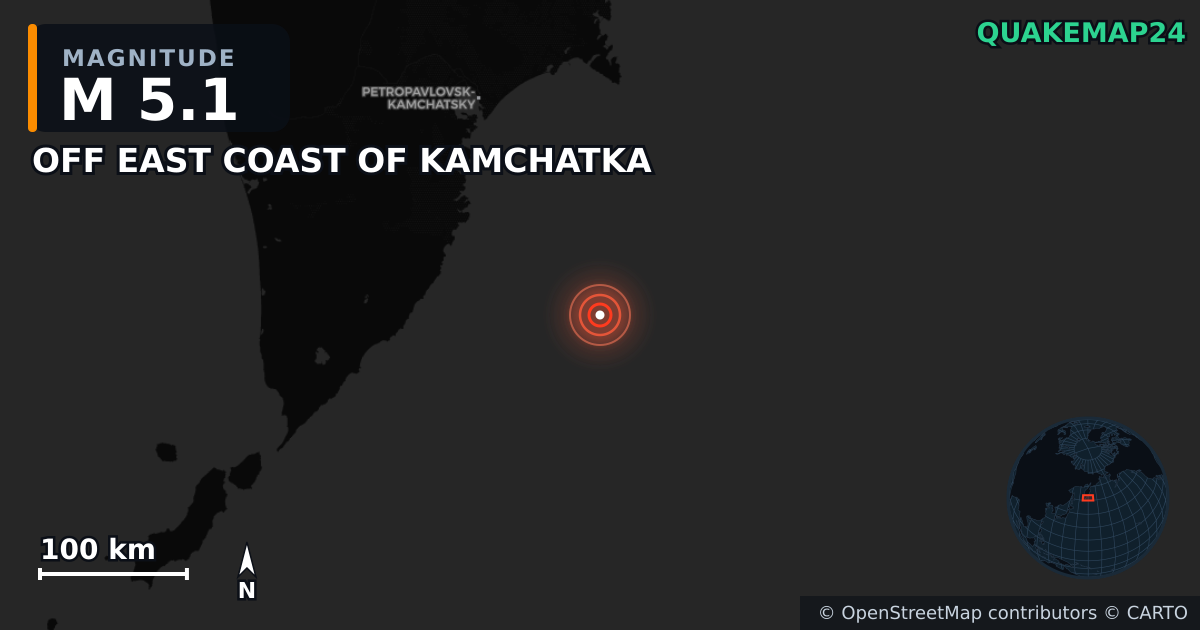 M5.1 earthquake near OFF EAST COAST OF KAMCHATKA on Aug 3, 2025 — map of epicenter and shaking intensity | QuakeMap24