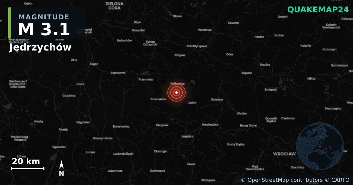 M3.1 earthquake near Jędrzychów on Jul 18, 2026 — map of epicenter and shaking intensity | QuakeMap24