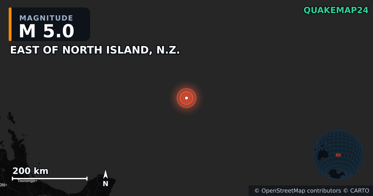M5.0 earthquake near EAST OF NORTH ISLAND, N.Z. on Oct 24, 2025 — map of epicenter and shaking intensity | QuakeMap24