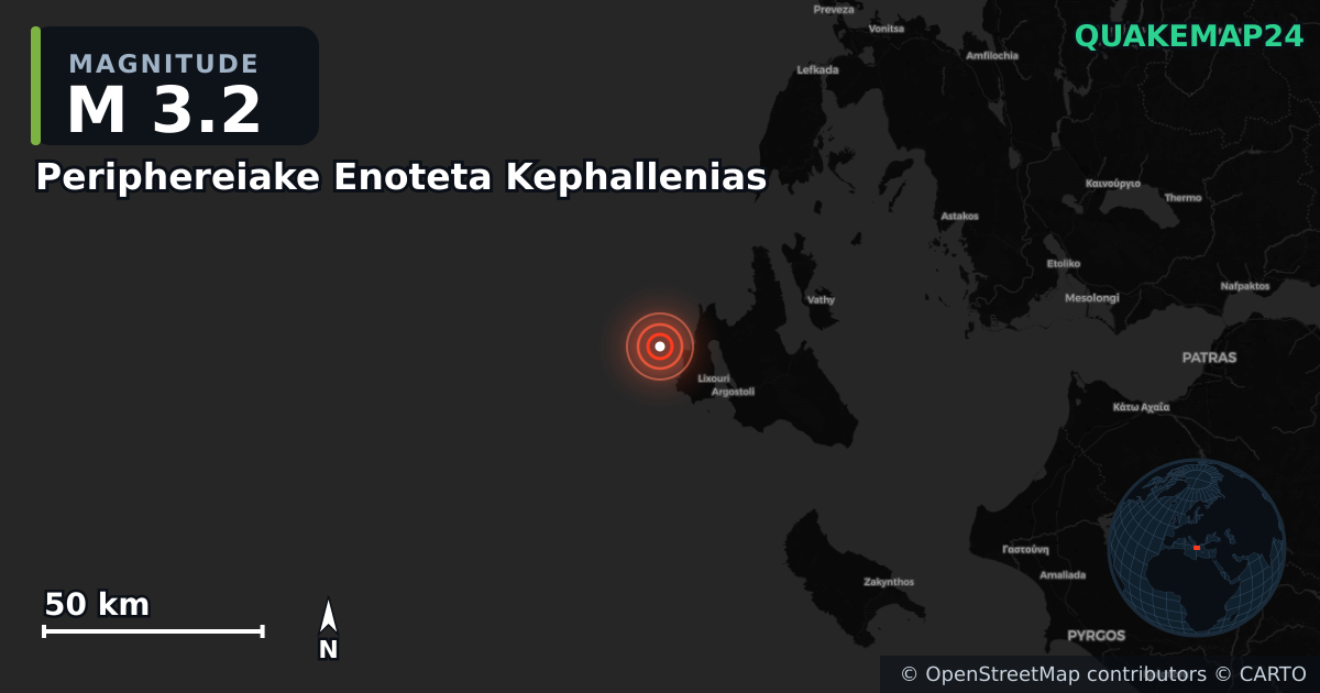 M3.2 earthquake near Periphereiake Enoteta Kephallenias on Sep 17, 2025 — map of epicenter and shaking intensity | QuakeMap24
