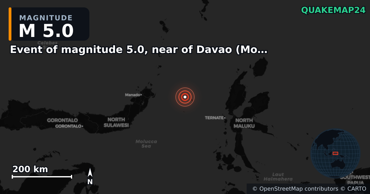 Erdbeben M5,0 bei Event of magnitude 5.0, near of Davao (Monde) — Karte der Lage des Epizentrums