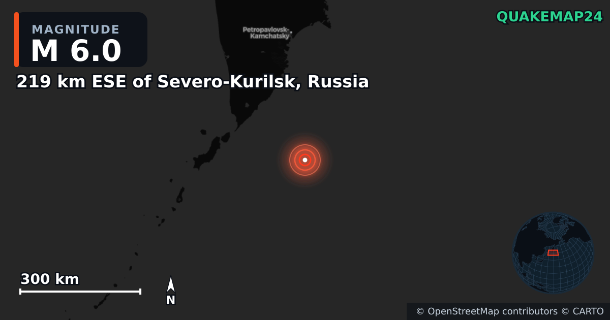 M6.0 earthquake near 219 km ESE of Severo-Kurilsk, Russia on Aug 1, 2025 — map of epicenter and shaking intensity | QuakeMap24