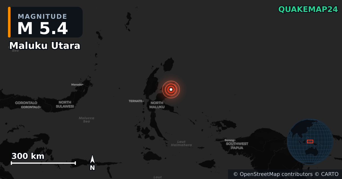 M5.4 earthquake near Maluku Utara on Nov 23, 2025 — map of epicenter and shaking intensity | QuakeMap24