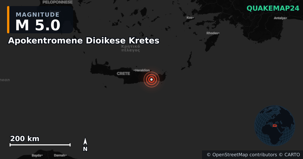 M5.0 earthquake near Apokentromene Dioikese Kretes on Jun 3, 2025 — map of epicenter and shaking intensity | QuakeMap24