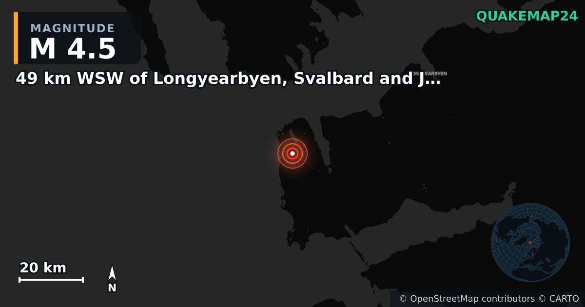 M4.5 earthquake near 49 km WSW of Longyearbyen, Svalbard and Jan Mayen on May 22, 2025 — map of epicenter and shaking intensity | QuakeMap24