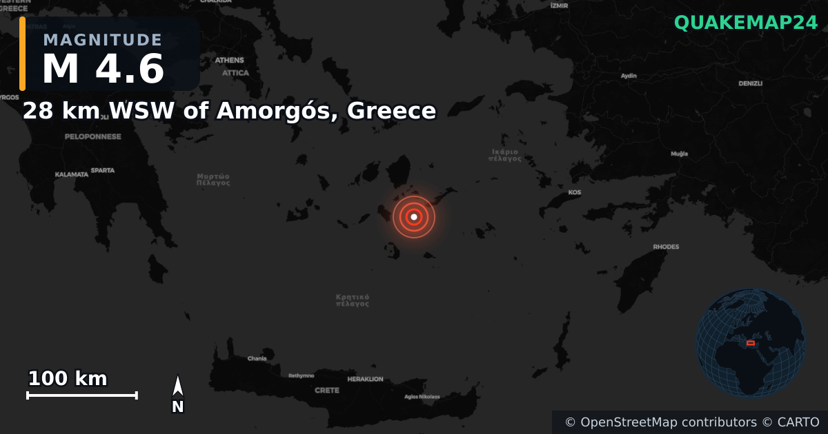 M4.6 earthquake near 28 km WSW of Amorgós, Greece on Feb 3, 2025 — map of epicenter and shaking intensity | QuakeMap24