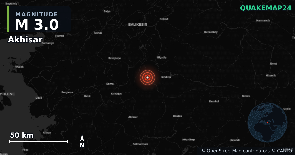 M3.0 earthquake near Akhisar on Sep 11, 2025 — map of epicenter and shaking intensity | QuakeMap24