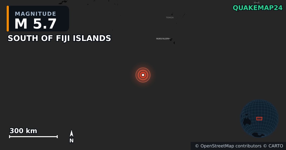 M5.7 earthquake near SOUTH OF FIJI ISLANDS on May 12, 2026 — map of epicenter and shaking intensity | QuakeMap24