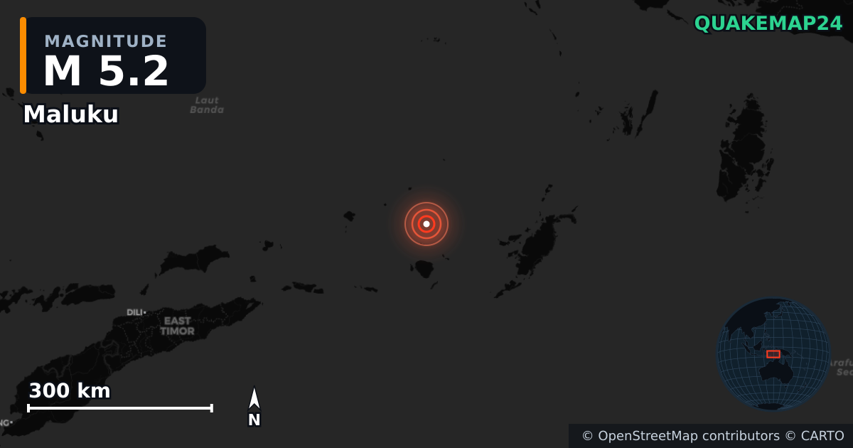 M5.2 earthquake near Maluku on Nov 28, 2025 — map of epicenter and shaking intensity | QuakeMap24