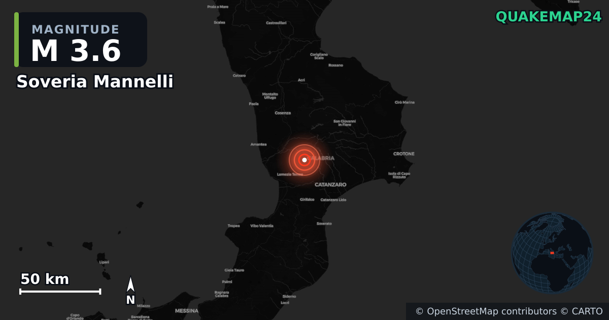 M3.6 earthquake near Soveria Mannelli on Feb 6, 2026 — map of epicenter and shaking intensity | QuakeMap24