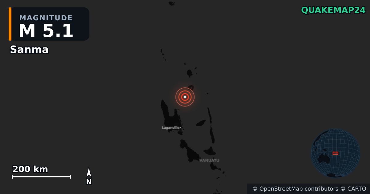 M5.1 earthquake near Sanma on Jul 9, 2026 — map of epicenter and shaking intensity | QuakeMap24