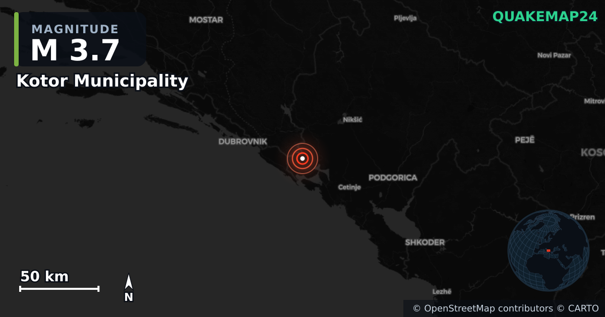 M3.7 earthquake near Kotor Municipality on May 11, 2026 — map of epicenter and shaking intensity | QuakeMap24