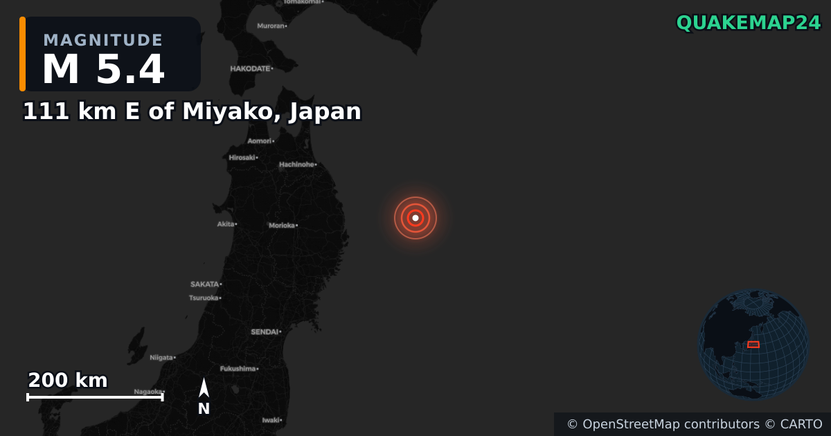 M5.4 earthquake near 111 km E of Miyako, Japan on Nov 12, 2025 — map of epicenter and shaking intensity | QuakeMap24
