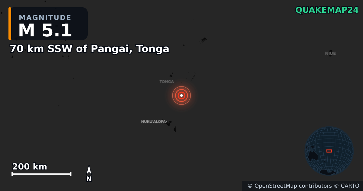M5.1 earthquake near 70 km SSW of Pangai, Tonga on Feb 3, 2025 — map of epicenter and shaking intensity | QuakeMap24