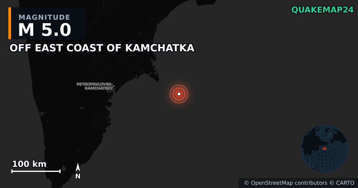 M5.0 earthquake near OFF EAST COAST OF KAMCHATKA on Jul 30, 2025 — map of epicenter and shaking intensity | QuakeMap24