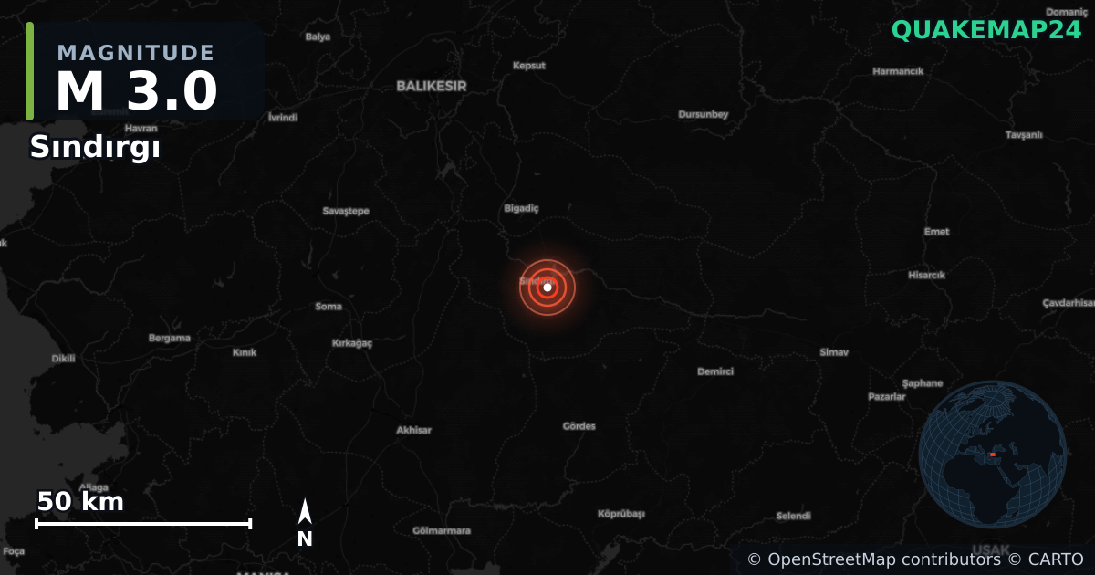 M3.0 earthquake near Sındırgı on Sep 8, 2025 — map of epicenter and shaking intensity | QuakeMap24