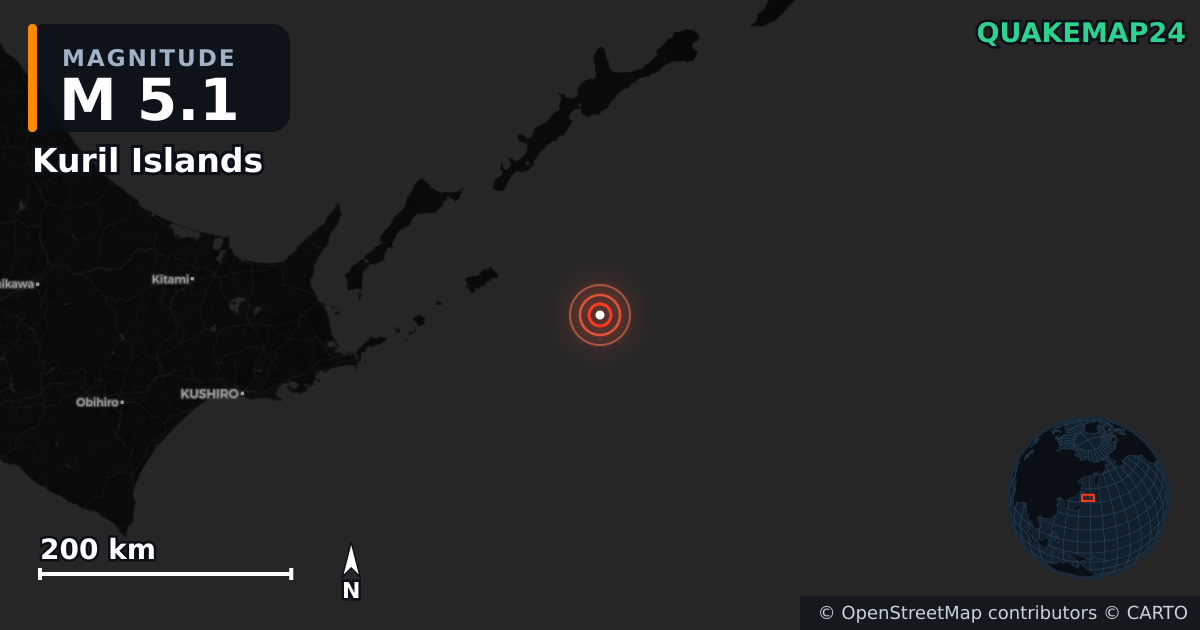 M5.1 earthquake near Kuril Islands on Dec 21, 2025 — map of epicenter and shaking intensity | QuakeMap24