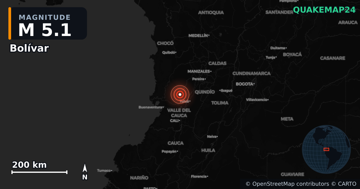 M5.1 earthquake near Bolívar on May 14, 2026 — map of epicenter and shaking intensity | QuakeMap24
