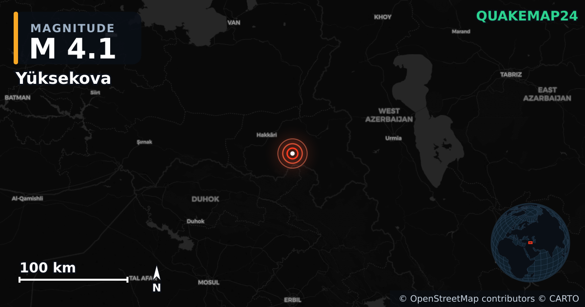 M4.1 earthquake near Yüksekova on Aug 1, 2026 — map of epicenter and shaking intensity | QuakeMap24