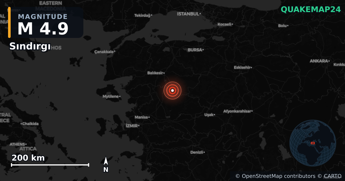 M4.9 earthquake near Sındırgı on Nov 10, 2025 — map of epicenter and shaking intensity | QuakeMap24