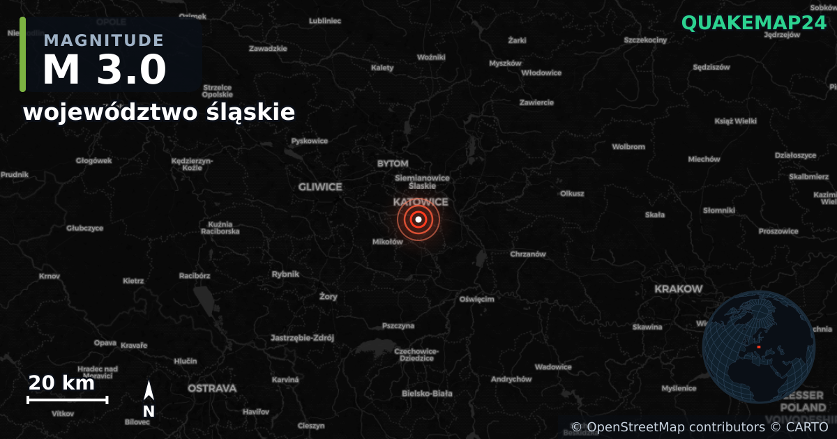 M3.0 earthquake near województwo śląskie on Dec 16, 2025 — map of epicenter and shaking intensity | QuakeMap24