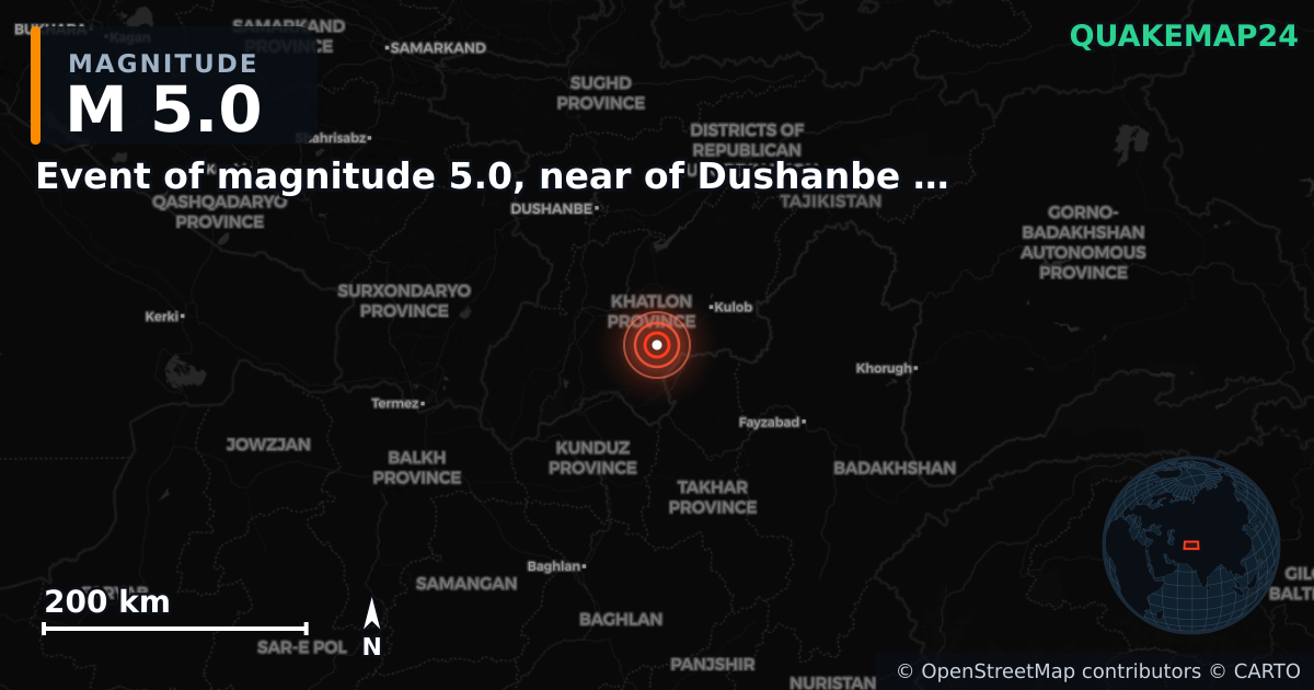 M5.0 earthquake near Event of magnitude 5.0, near of Dushanbe (Monde) on Aug 18, 2025 — map of epicenter and shaking intensity | QuakeMap24
