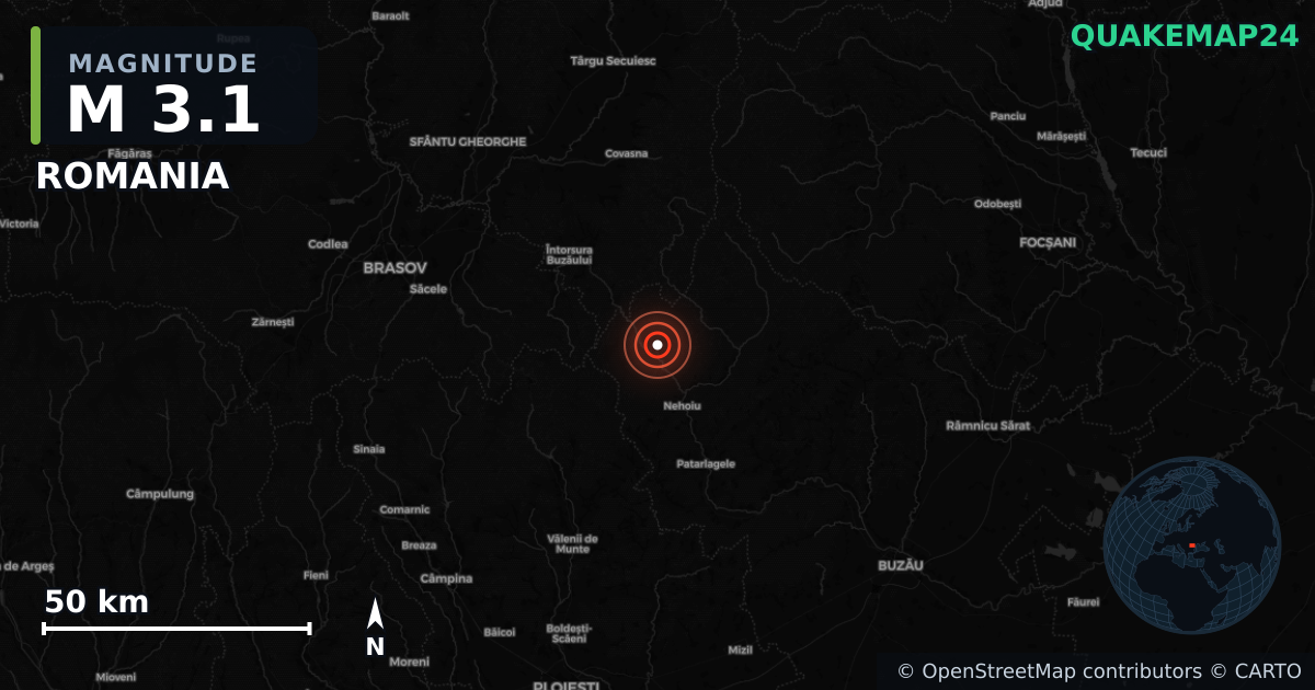 M3.1 earthquake near ROMANIA on Jul 9, 2025 — map of epicenter and shaking intensity | QuakeMap24