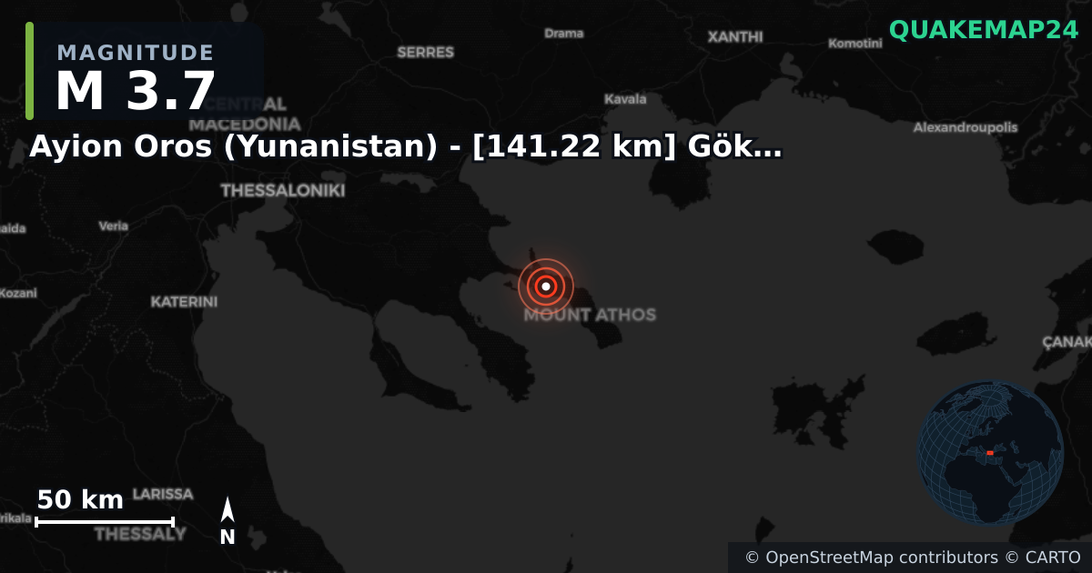 M3.7 earthquake near Ayion Oros (Yunanistan) - [141.22 km] Gökçeada (Çanakkale) on Mar 25, 2026 — map of epicenter and shaking intensity | QuakeMap24