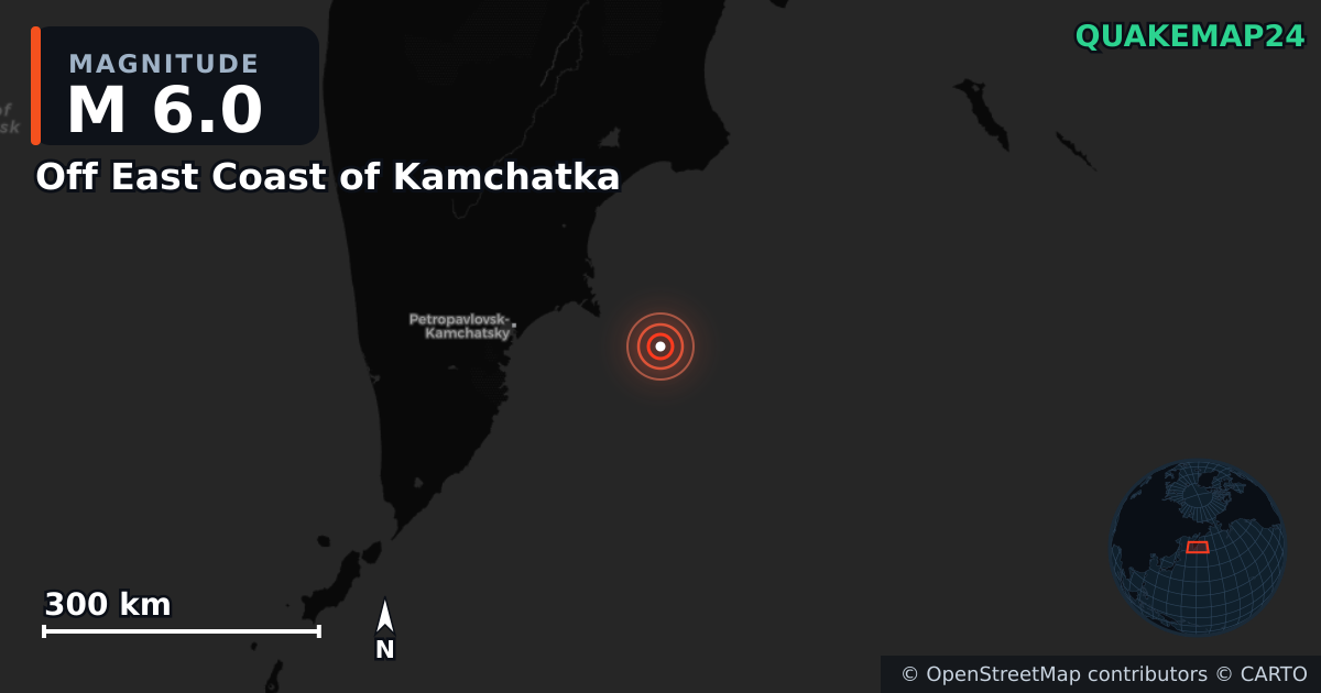 M6.0 earthquake near Off East Coast of Kamchatka on Sep 18, 2025 — map of epicenter and shaking intensity | QuakeMap24