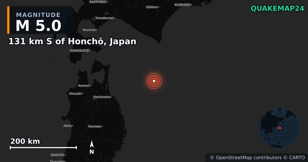 M5.0 earthquake near 131 km S of Honchō, Japan on Dec 8, 2025 — map of epicenter and shaking intensity | QuakeMap24