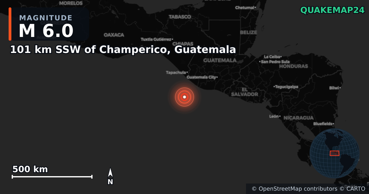 M6.0 earthquake near 101 km SSW of Champerico, Guatemala on Aug 9, 2025 — map of epicenter and shaking intensity | QuakeMap24